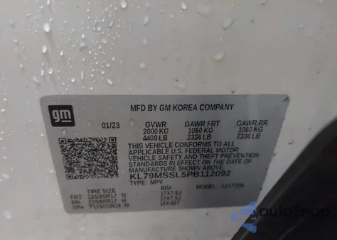 2023 Chevrolet Trailblazer Awd Activ z USA, uszkodzony, nr VIN KL79MSSL5PB112092